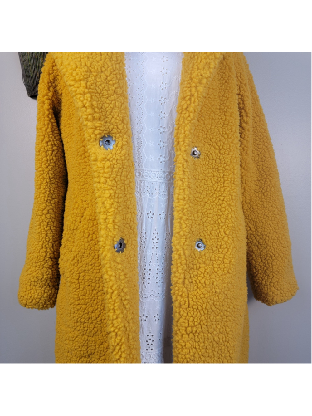 Lucky Brand M Teddy Jacket Fluffy Long Notched Collar Yellow Fuzzy Cozy Coat - Picture 5 of 13